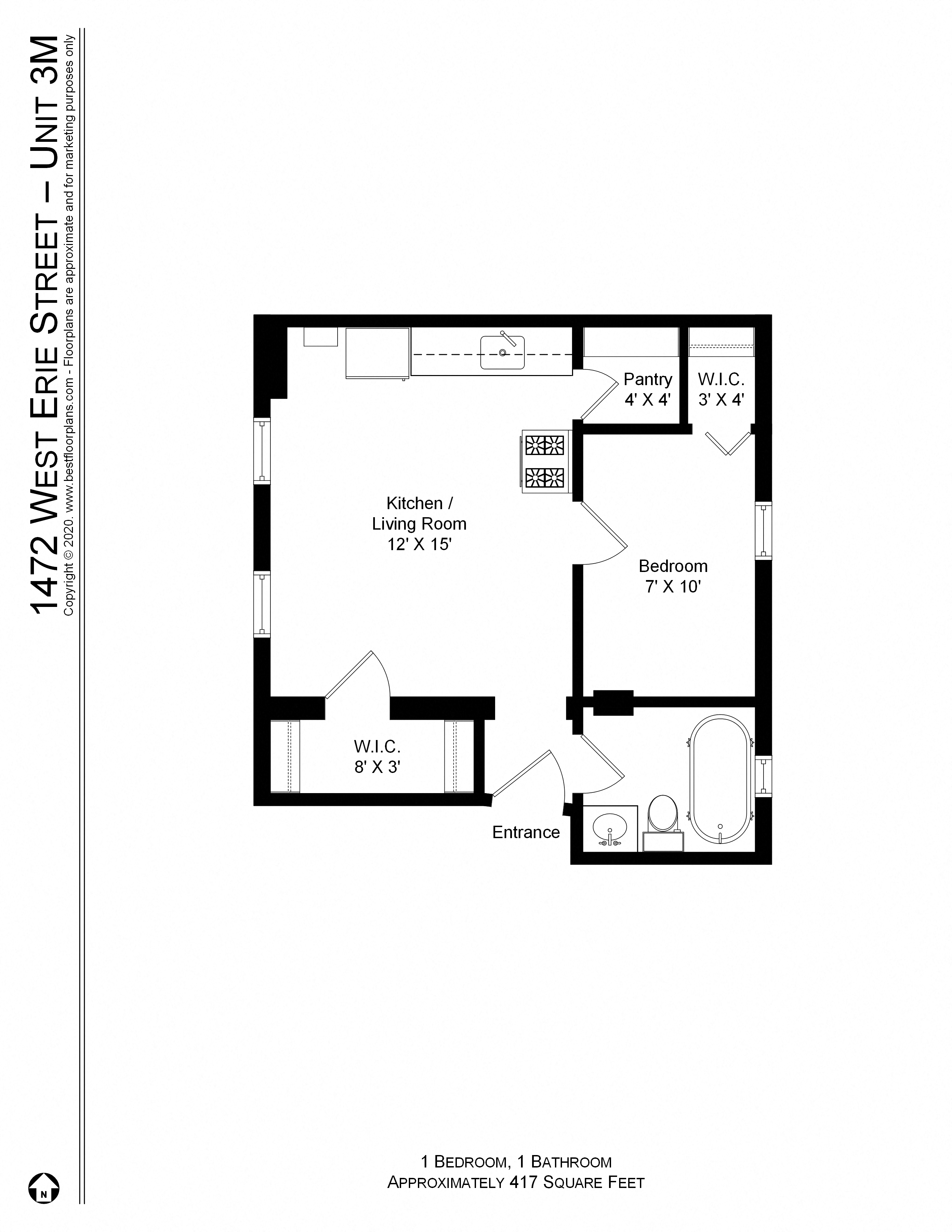 Floor plan for 1 bed, 1 bath, 500 sqft